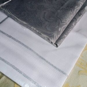 Oval Silver Damask Tablecloth 60x84 and White And Silver Table Runner 18x72 NIP